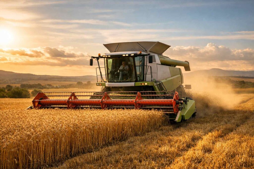 cosechadora trabajando en un campo de cereal en navarra